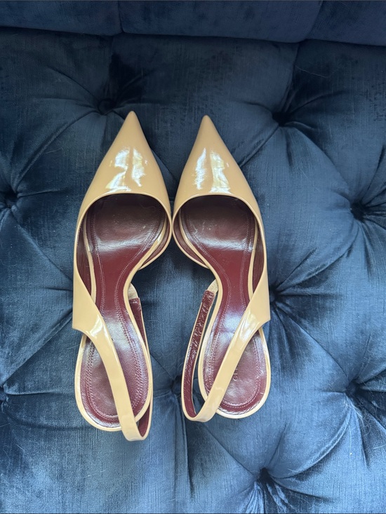 Celine Shoes - Celine Patent Nude Pointed-Toe Slingback Pumps - Women